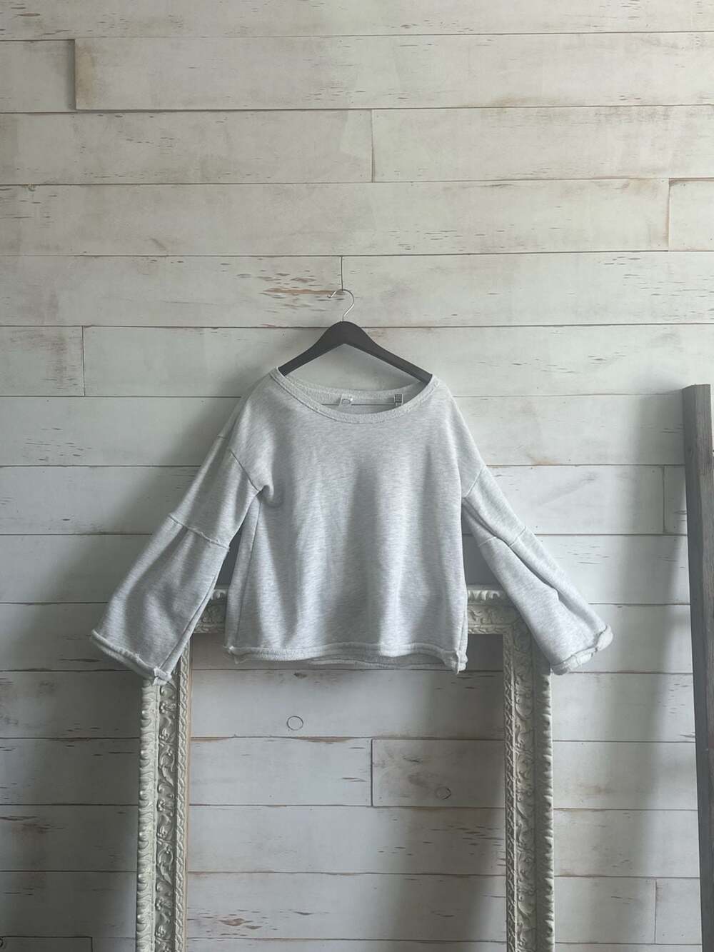 Lost Petal Linens Grey Bell Sleeve Sweatshirt with Cross Patch Size M